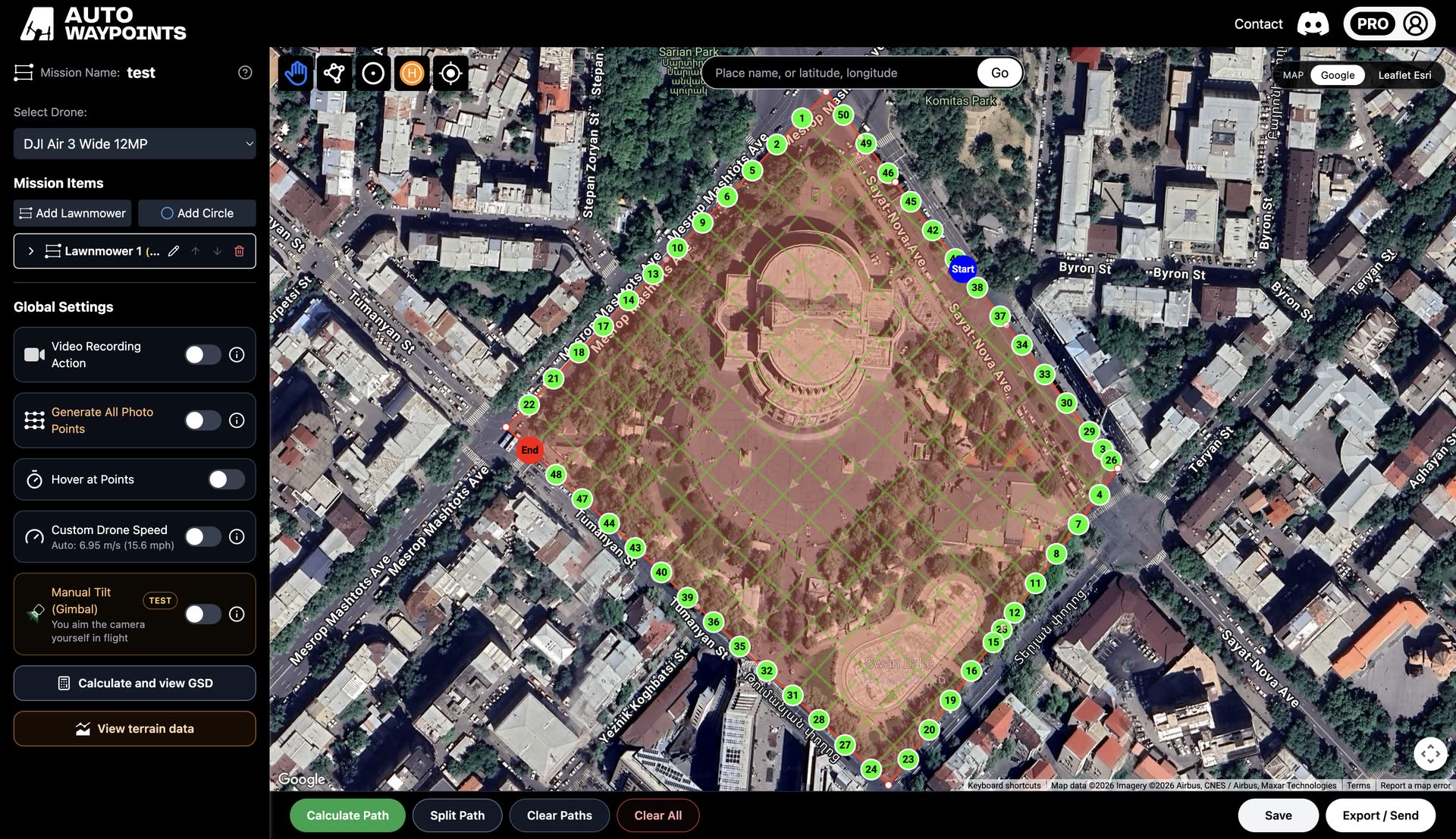 AutoWaypoints DJI waypoint mission planner showing a drone mapping project
